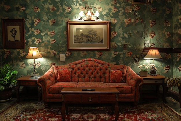 a couch with a red cover sits in a living room with a painting on the wall