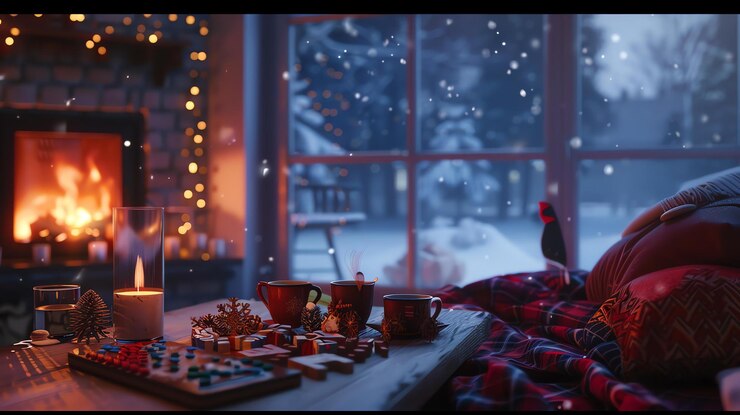 Foto a cozy living room with a fireplace a window looking out onto a snowy forest and a table set with tea and games