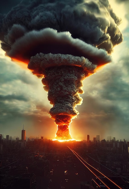 A creepy mushroom nuclear bomb explosion in a metropolis. A nuclear apocalyptic catastrophe
