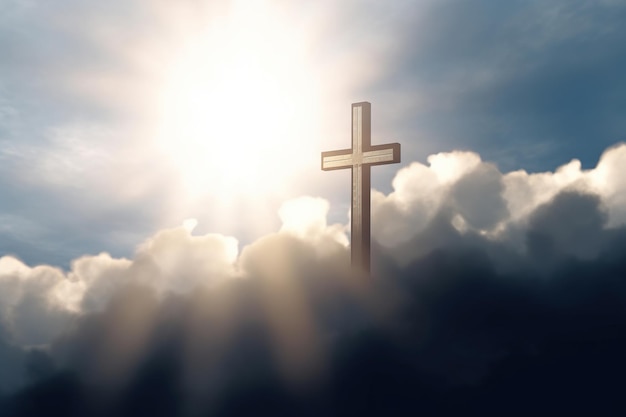 A cross on the clouds in the rays of the sun the power of faith generative ai