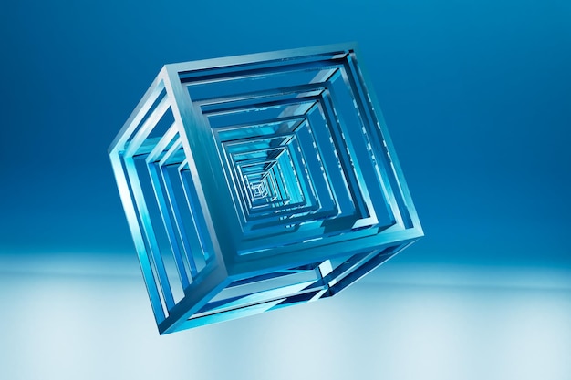 a cube and blue polyhedrons on a blue background from below illuminated with white neon light