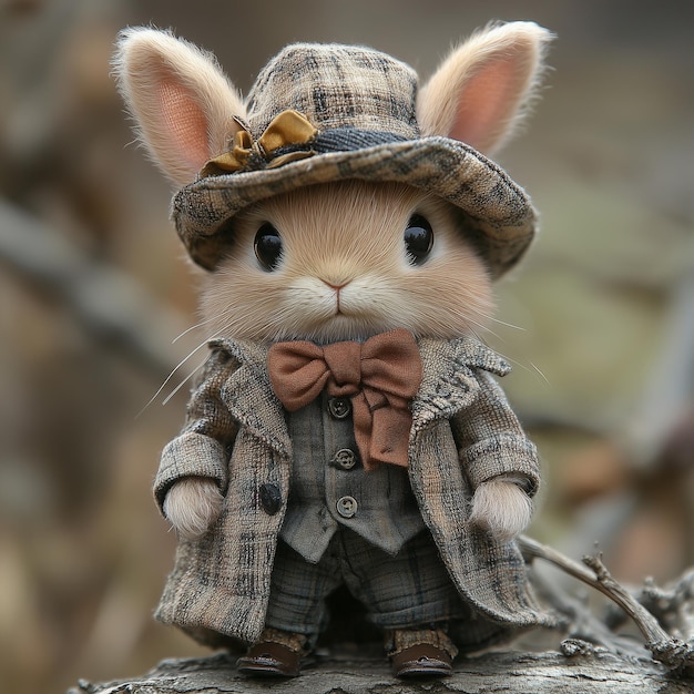 a dapper bunny in a plaid coat and hat striking a charming pose