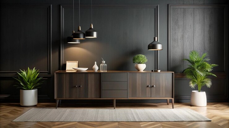 a dark room with a table and a lamp on it
