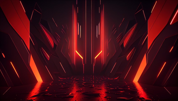 A dark room with red lights and a black background