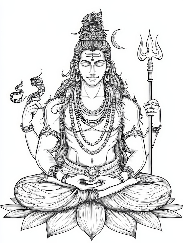 Foto a detailed sketch of lord shiva depicted meditating on a lotus holding a trident and a snake