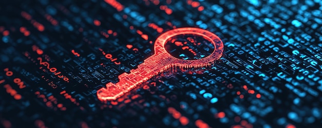 A digital key representing cybersecurity glows against backdrop of binary code symbolizing importance of data protection and secure access in digital age