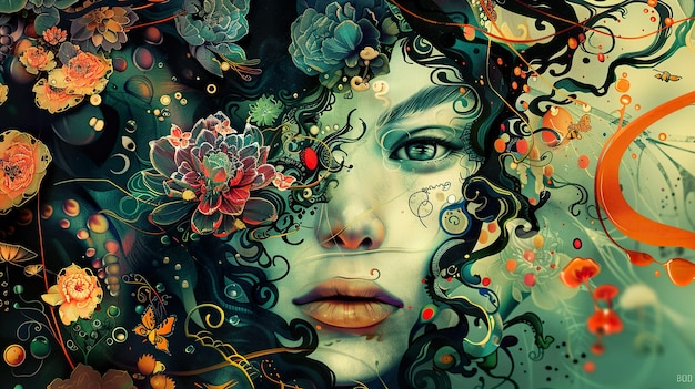 a digital painting of a woman with a flower in her hair