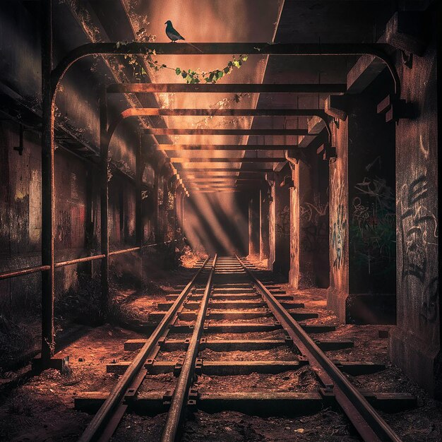 A dilapidated warehouse with exposed brick walls a single spotlight and a smoky dusty air Halloween