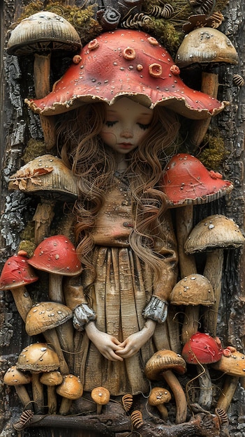a doll with mushrooms on it is holding mushrooms