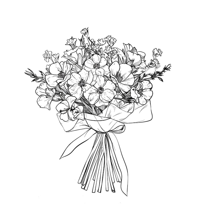 Foto a drawing of a bouquet of flowers with a ribbon tied around the bottom