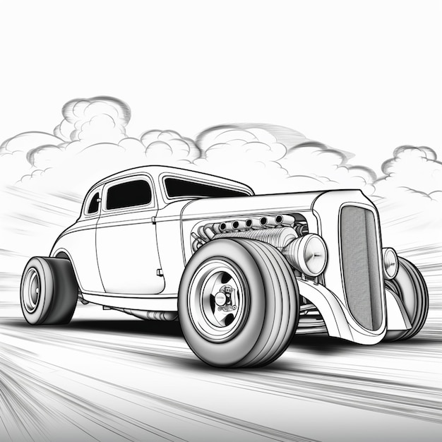 a drawing of a classic car driving on a road with clouds in the background generative ai