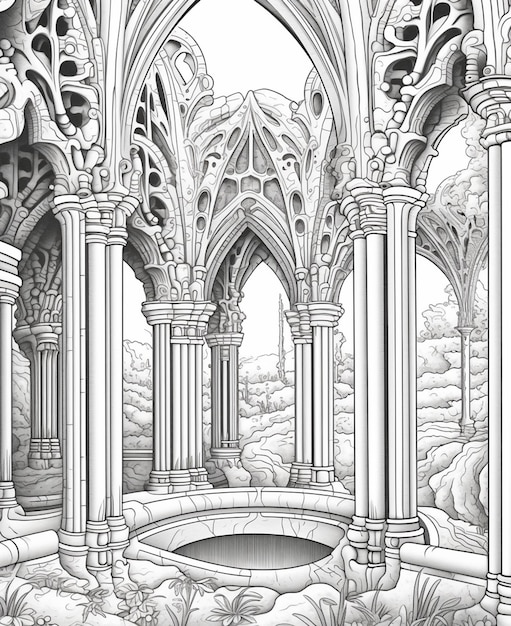 a drawing of a gothic style building with columns and arches generative ai