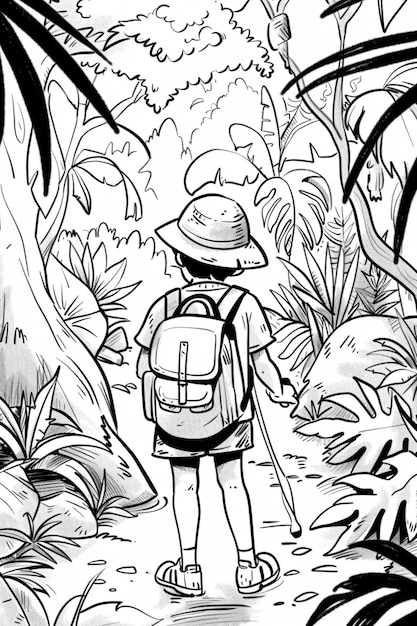 a drawing of a person with a backpack and a hat on