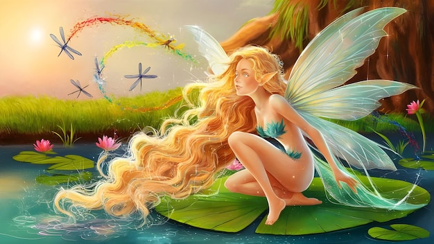 A fairy with gossamer wings and flowing heirs like waterfall sitting on a lily pad in tranquil pond