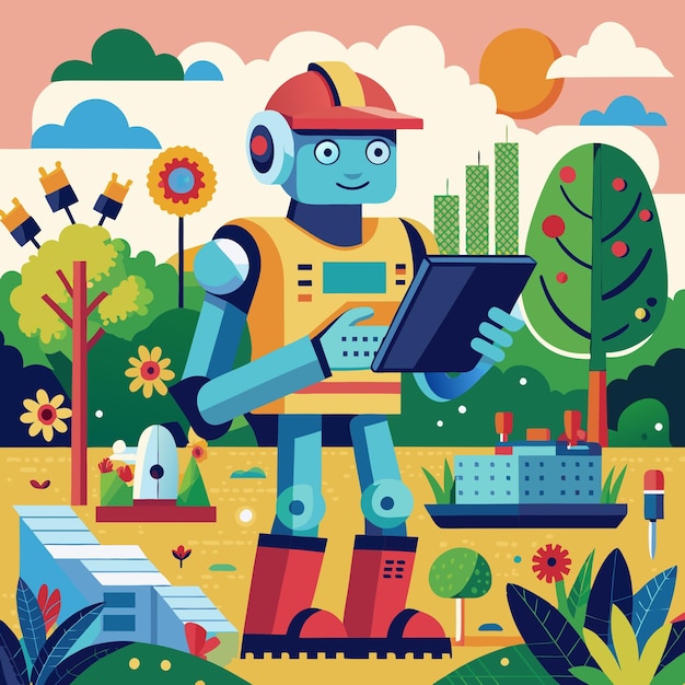 A friendly AI robot uses a tablet in a colorful landscape