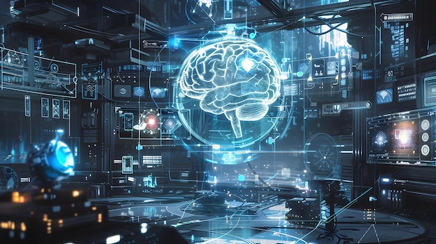 A futuristic IoT security system depicted with an advanced AI brain at its core