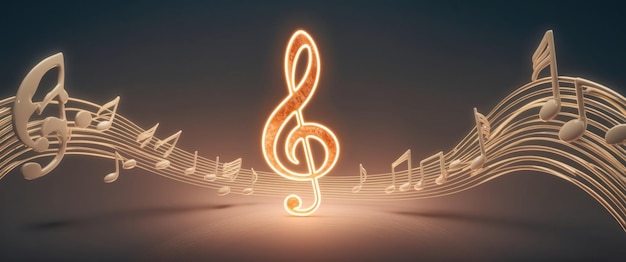A glowing 3D treble clef surrounded by sound waves illustrating musical creativity
