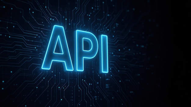 A glowing api in 3d letters floats within a digital circuit highlighting application programming interface abstract design captures the essence of api programming