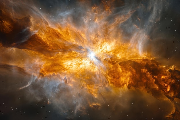 a glowing nebula with a bright star in the center surrounded by swirling clouds of gas and dust
