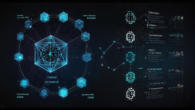 A grid of blue and white digital symbols on a black background