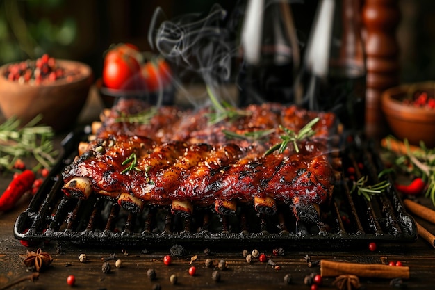 a grill with meat and vegetables on it and a bottle of wine