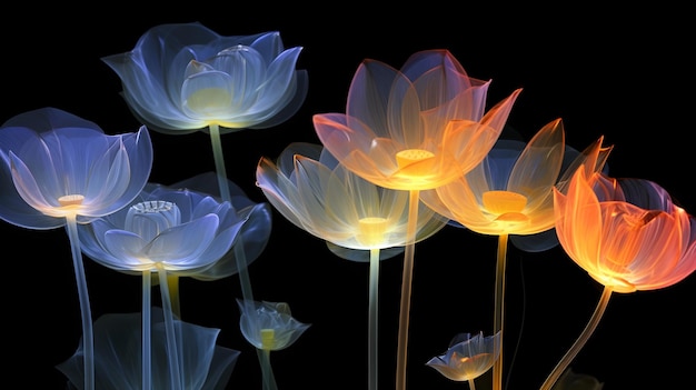 A group of glowing flowers