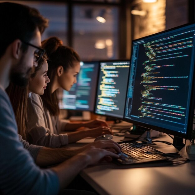 a group of people are working on computers with the code code at the top