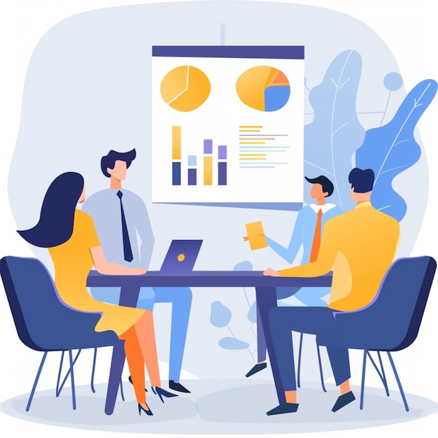 a group of people sit around a table with a chart that says quot business quot