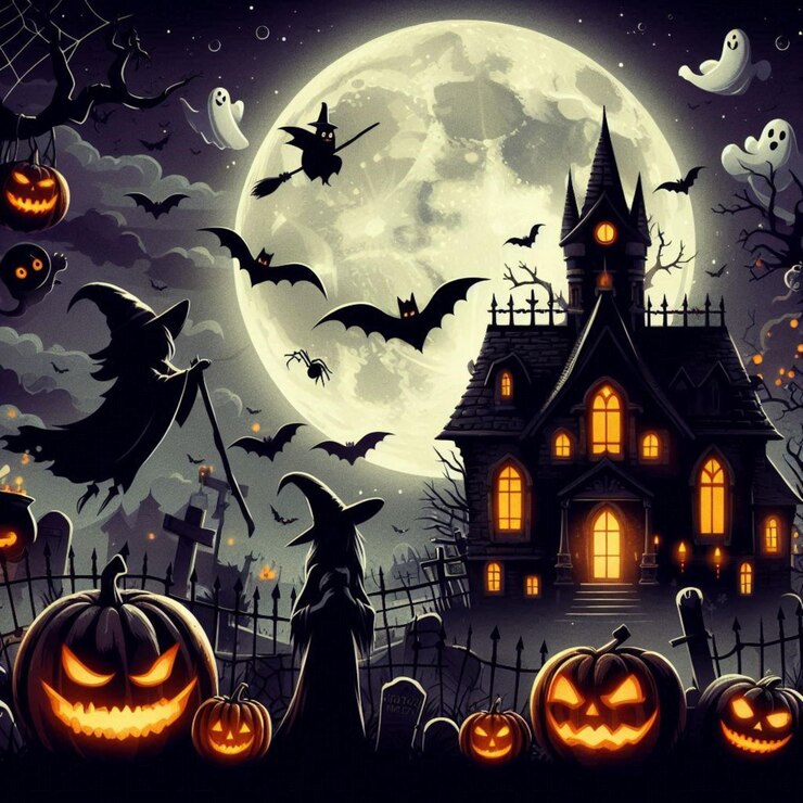 a halloween scene with a house and pumpkins on the front