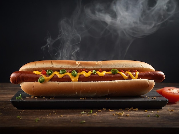 a hot dog with mustard and ketchup on a cutting board