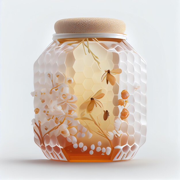 a jar with a design of bees on it and a honey jar with a wooden lid.