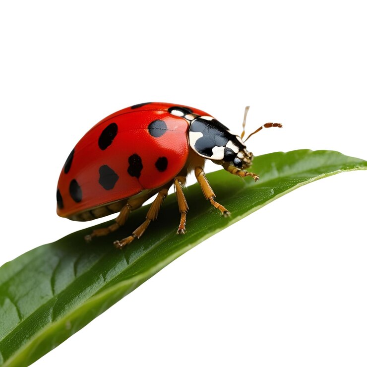 A ladybird up close on a white background