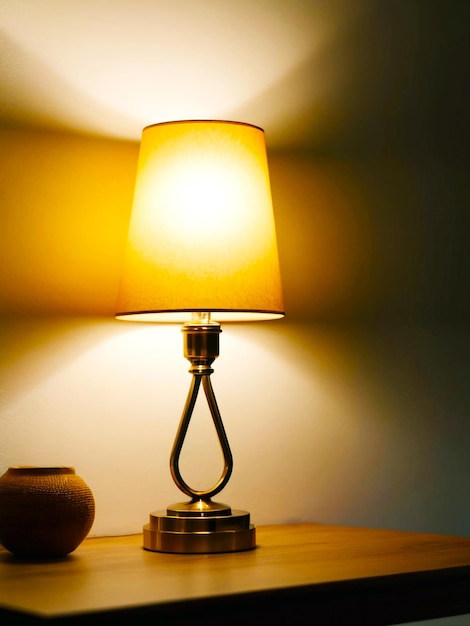a lamp that is on a table with a pot on it