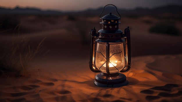 A lantern in the desert at sunset