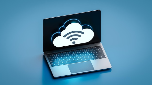 A laptop computer connects to a cloud server to use storage and other services3d rendering