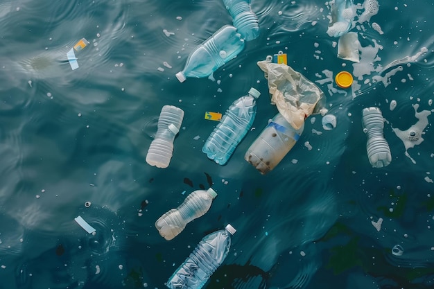 A large body of water is filled with plastic bottles and bags