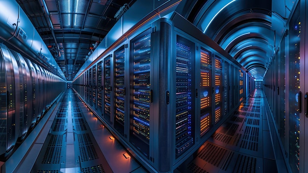 a large computer with many doors and a blue light on the bottom