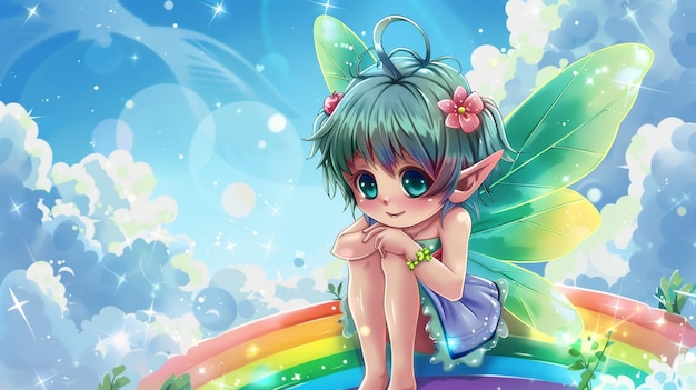 a little fairy with a rainbow in her hair sitting on a rainbow