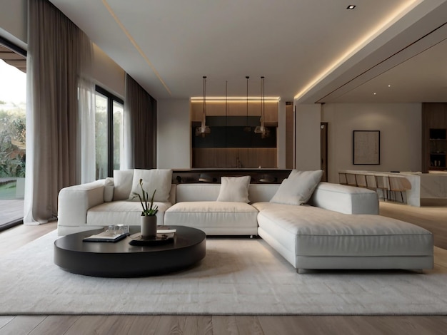 a living room with a couch a table and a lamp