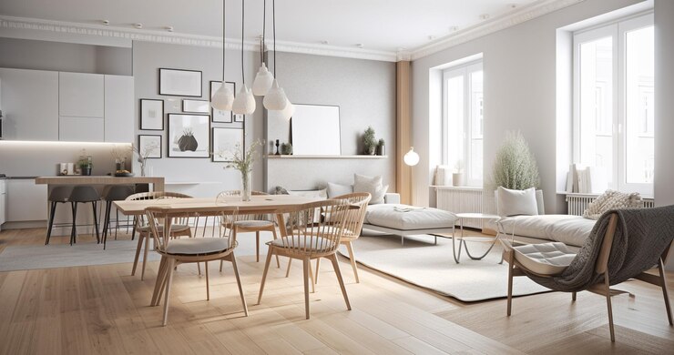 Foto a living room with a white sofa and a wooden table with chairs and a large picture frame that says'i love you '