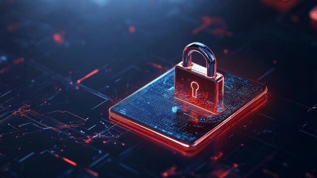 A lock symbolizing data security placed on a digital circuit board representing technology and