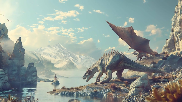 A lone figure stands before a fearsome dragon in a fantasy landscape