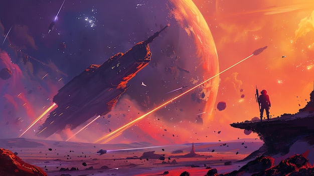a lone figure stands on a cliff overlooking a fiery alien landscape a massive spaceship streaks through the sky its engines glowing bright orange