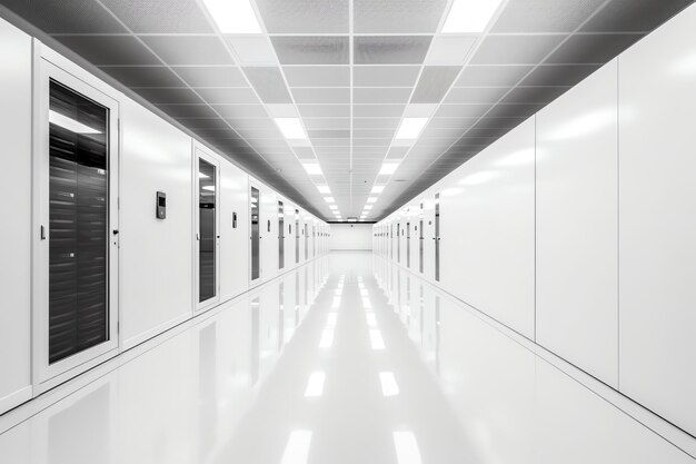 A long hallway with a white wall and a black sign that says " walk in. "
