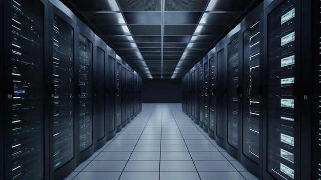 A long hallway with many servers on it.