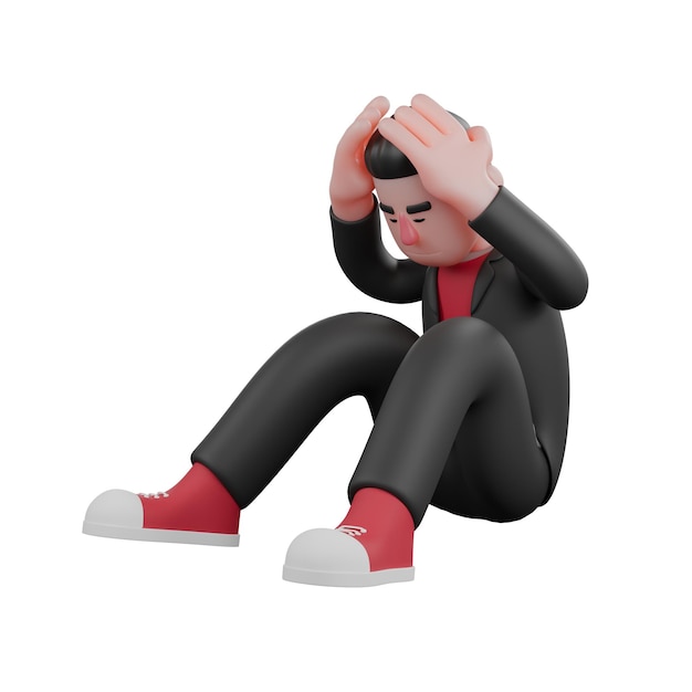 A male choreographer sits on the floor with his head bowed and both hands above his head