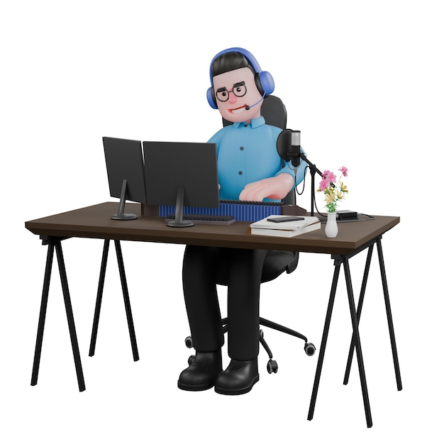 a male radio announcer sits with a computer on the table while typing on the keyboard