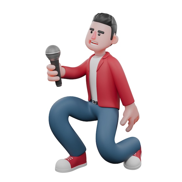 A male singer kneels while holding a microphone in his hand 3D Musician