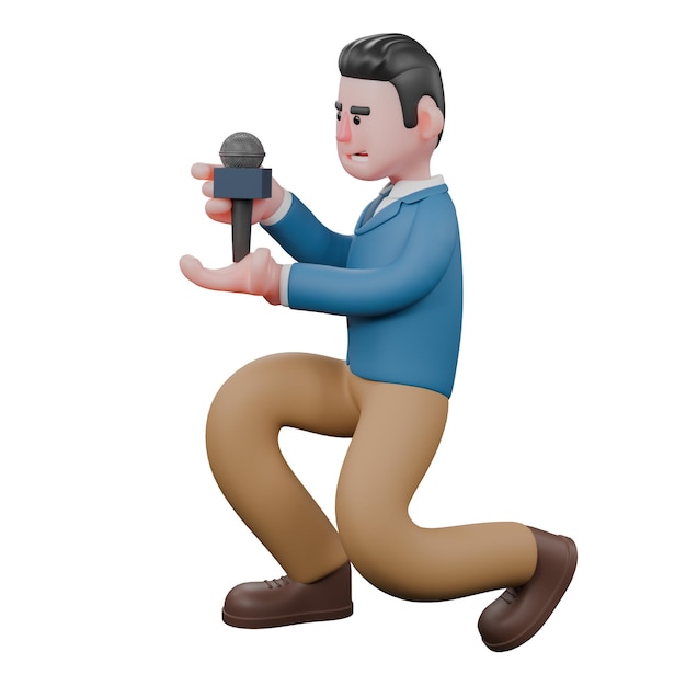 A male TV presenter sits balancing a microphone carried with both hands