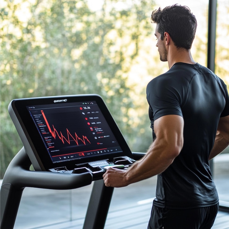 Foto a male using a smart treadmill with guided cardio workouts displayed